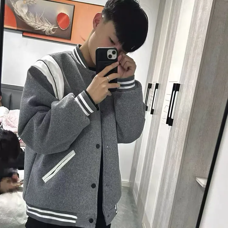 美式复古拼接棒球外套灰色服男新款情侣夹克设计宽松休闲男女上衣
