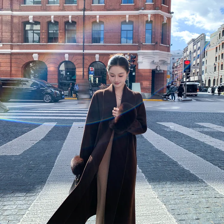 袖口狐狸毛双面羊绒大衣女2025冬季新款韩版时尚宽松气质毛呢外套