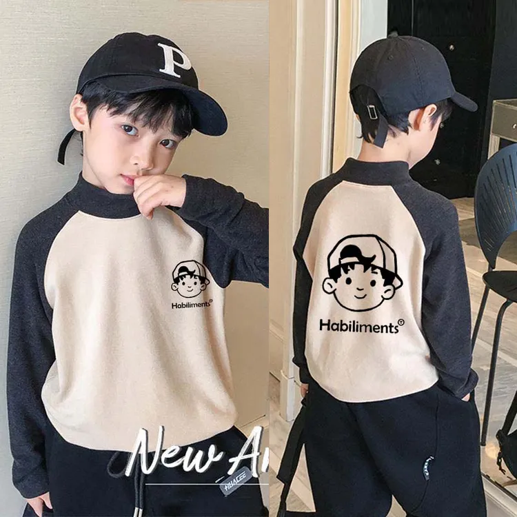 男童德绒保暖T恤2025新款秋冬儿童半高领打底衫中大童卡通上衣潮