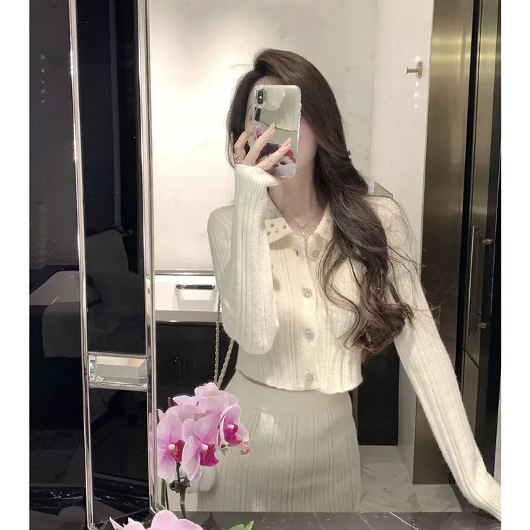 法式小香风针织开衫上衣女秋冬纯欲短款毛衣外套包臀半身裙两件套