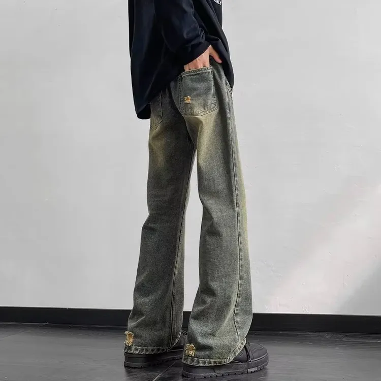 美式复古蓝微喇牛仔裤男潮牌新款高街水洗做旧宽松直筒阔腿长裤子
