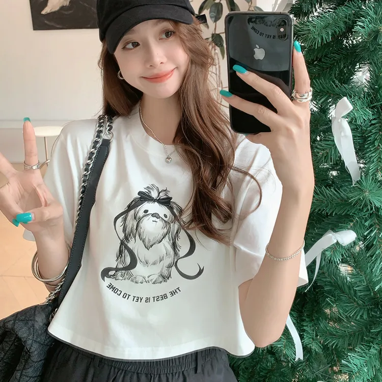 A美洋MEIYANG【欧若风】 马尔济斯T恤 精梳棉_撞色印花齐短T-周二