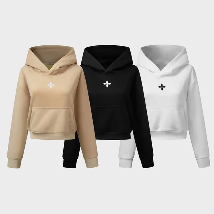 美式复古INS秋冬必备立体刺绣短款连帽卫衣女修身百搭休闲帽衫潮