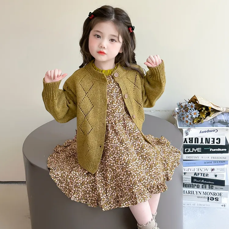 女小童森系碎花连衣裙套装2025春秋新款女宝针织毛衣外套洋气秋装