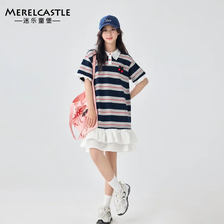 C5693女大童樱桃拼接条纹连衣裙