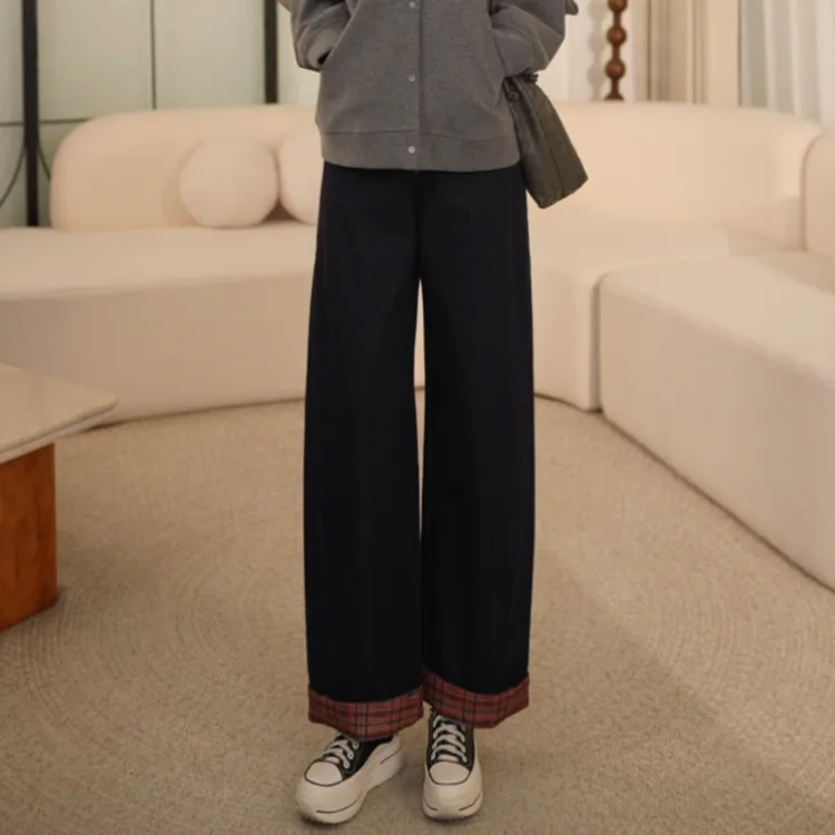 枫竺阿楠anan中高腰显瘦百搭翻边格纹加绒牛仔老爹裤女秋冬长裤