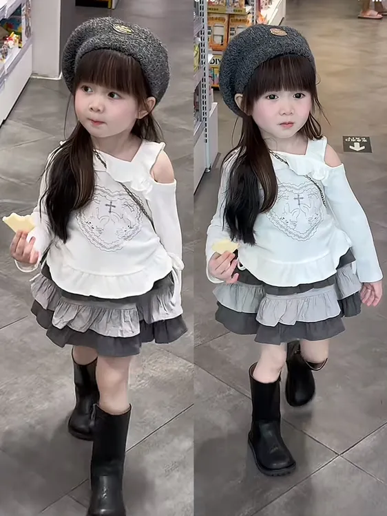 儿童洋气露肩打底衫2024秋季新款女童时髦半身裙宝宝两件套蛋糕裙