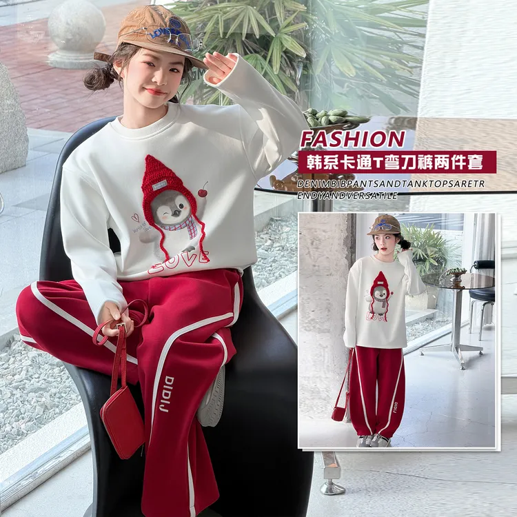 女童秋冬新款韩系卡通企鹅加绒卫衣套装中大童女孩洋气圆领打底衫