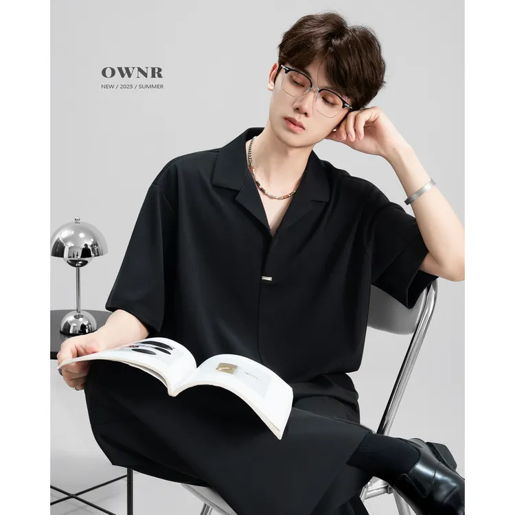 OWNR/OWNR黑色冰丝凉感古巴领短袖衬衫男2025年夏新款休闲衬衣