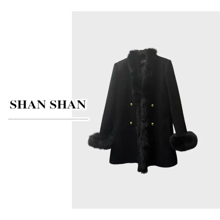 SS姗姗 秋冬新款时尚气质门襟拼毛中长款大衣外套 51170531-2066