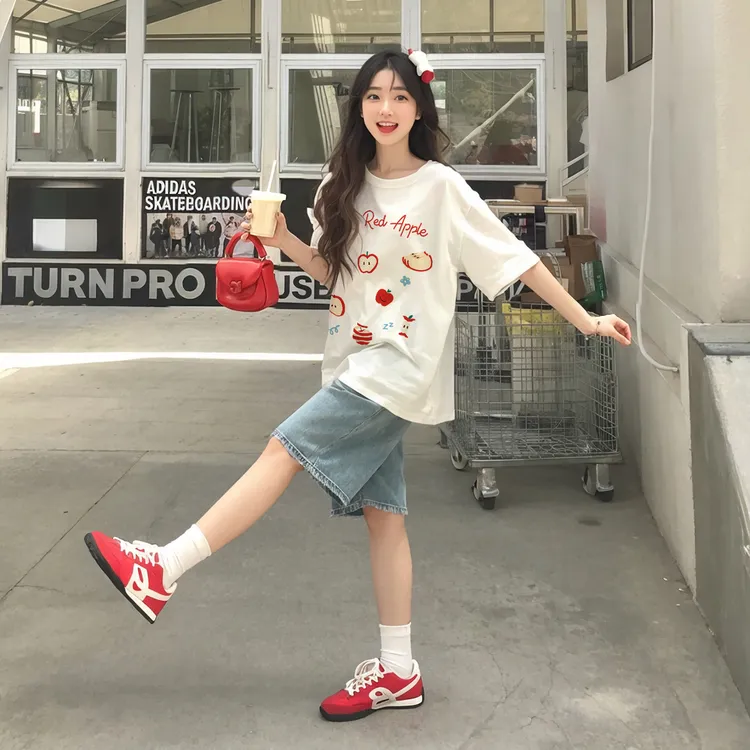 夏日ootd穿搭白色短袖t恤女2025新款纯棉苹果字母印花宽松上衣女