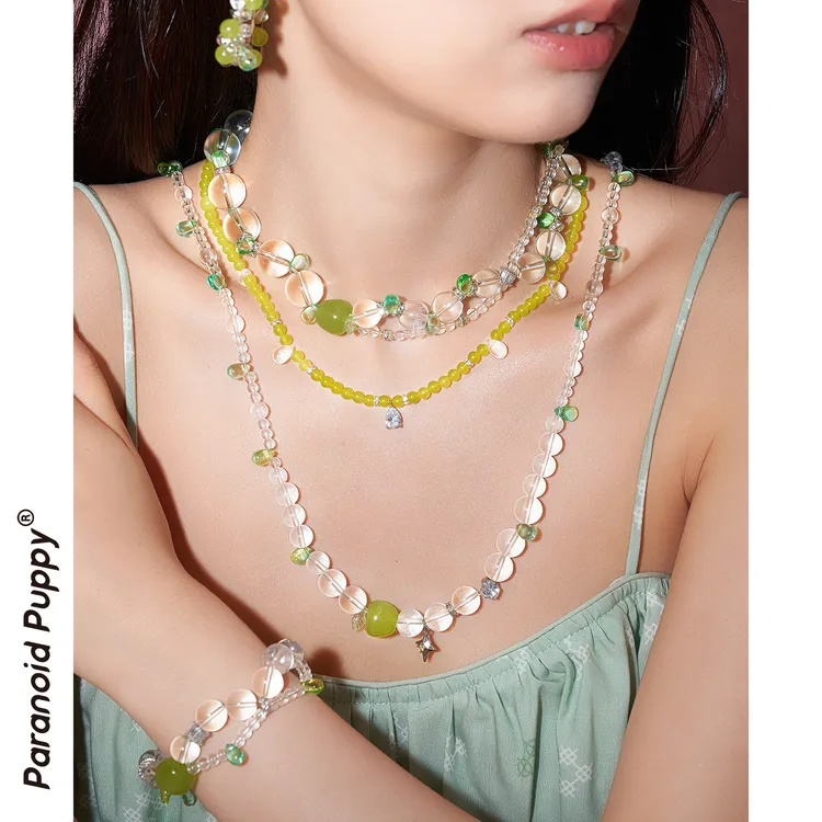 铜合金合成锆石项链 强推！无尽夏青苹果绿色系choker叠戴串珠项链