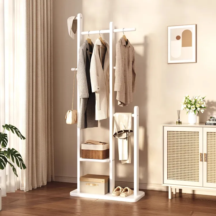 立式实木落地衣帽架卧室家用奶油风挂衣架挂包放衣服置物架晾衣杆