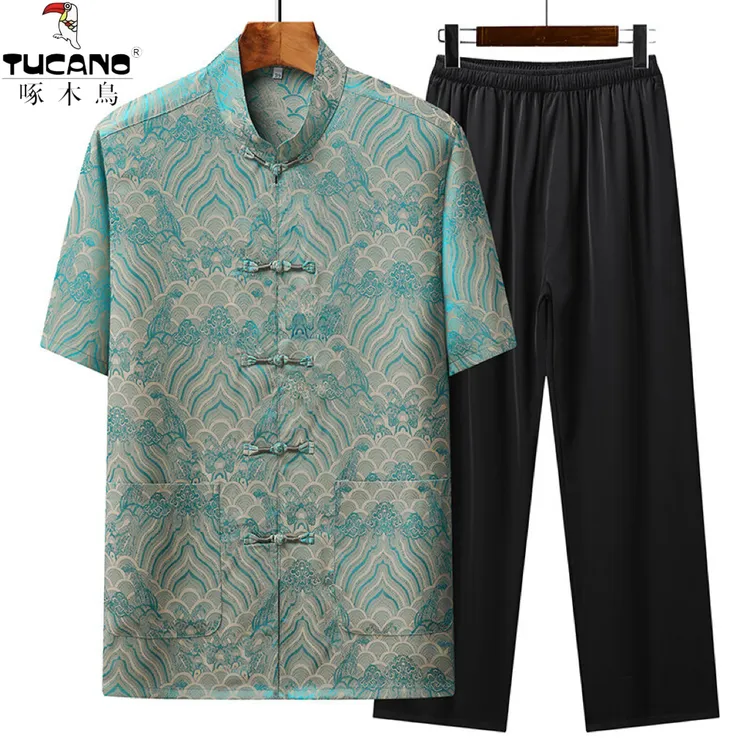 啄木鸟新中式冰丝夏中老年爸爸套装爷爷薄款冰感丝唐装短袖两件套