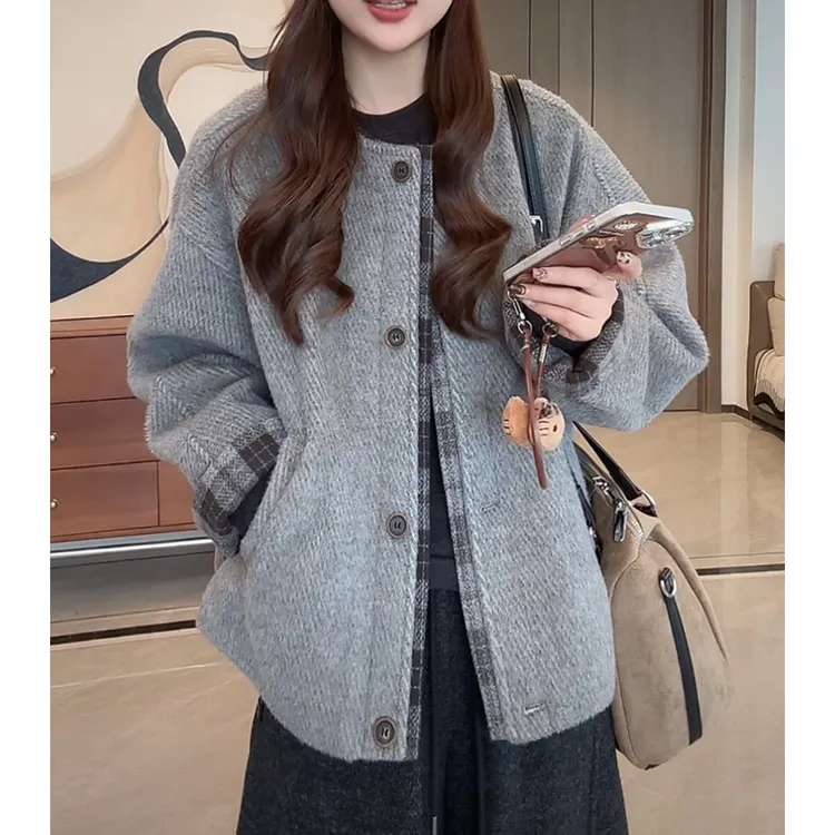 慵懒风夹棉拼接格子外套女冬新款宽松单排扣加厚保暖棉服棉衣外套