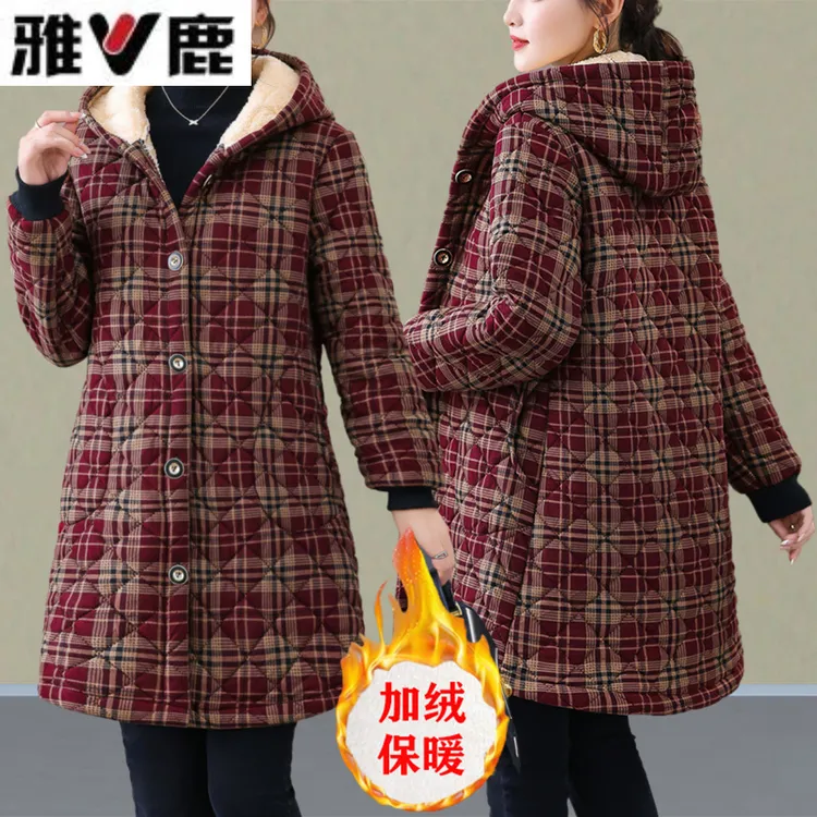 雅鹿妈妈冬装外套加绒加厚棉袄中长款中老年女装棉服连帽奶奶保暖