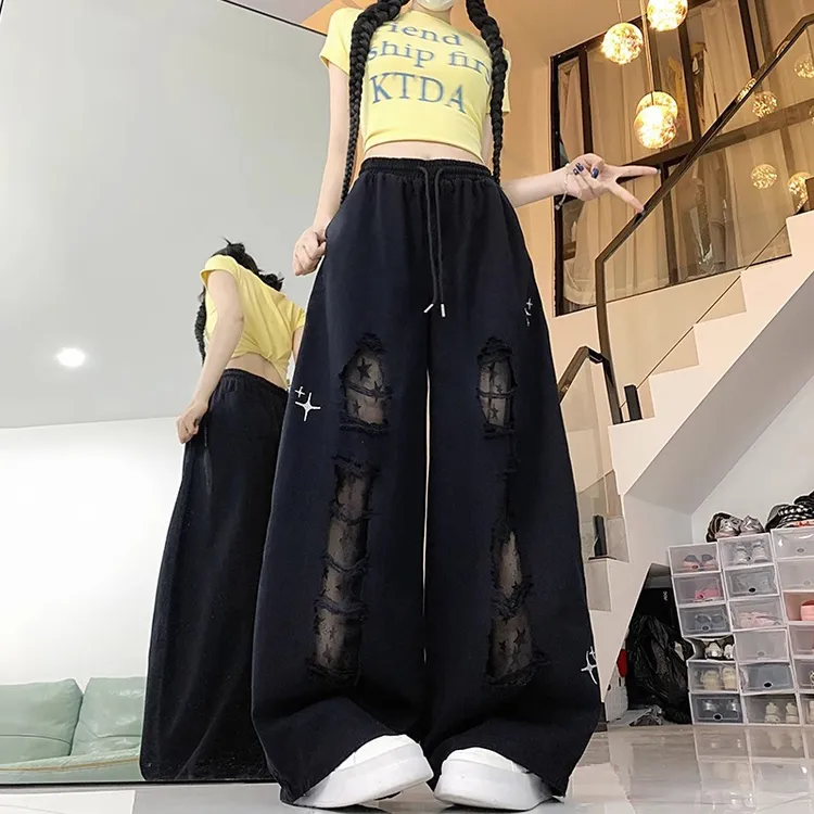 街舞潮牌黑色蕾丝拼接贴布牛仔破洞裤女夏季弯刀休闲阔腿跳舞长裤