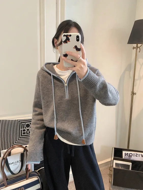 针织衫女2025秋冬季新款女装韩版设计感半拉链连帽打底衫毛衣女潮