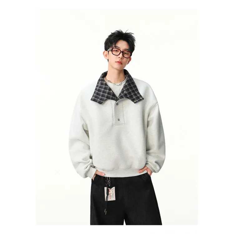 QIUYIDAODI假两件POLO领卫衣男春季美式cleanfit学院风半拉链上衣