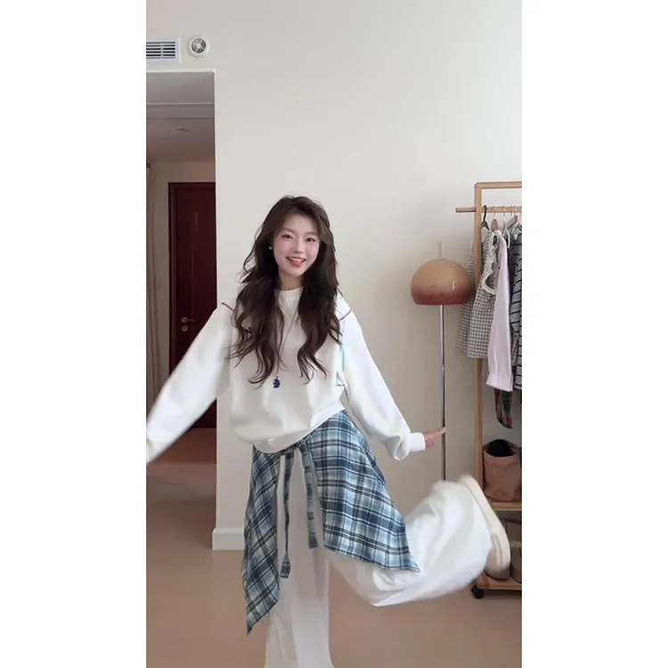 美式彩色印花圆领长袖t恤女2025新款秋季学院风上衣+裤子一整套