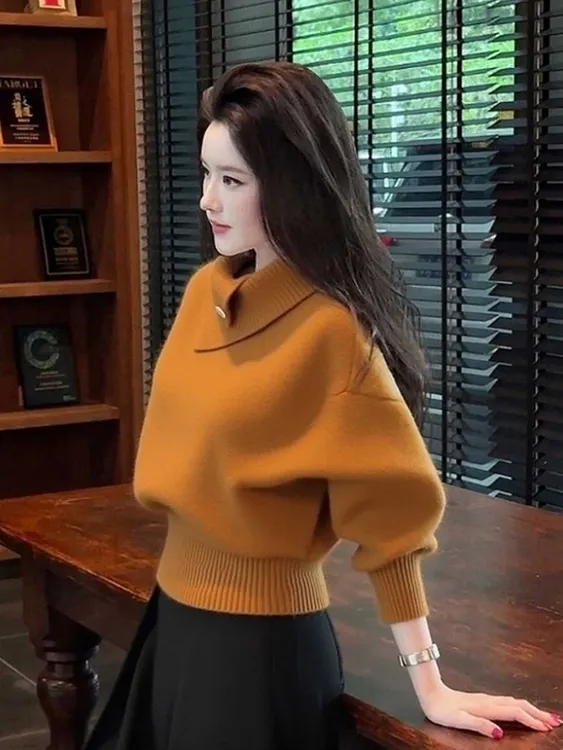 秋冬韩系淡人高知老钱风轻熟设计感软糯慵懒橘色高领打底针织衫女