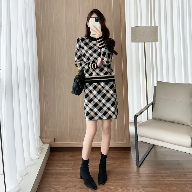 时尚休闲套装女士秋冬季新款小香风提花毛衣半身短裙针织两件套装