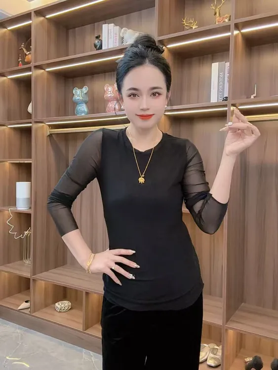 网红简约通勤/韩版打底衫圆领长袖洋气T恤秋季蕾丝G