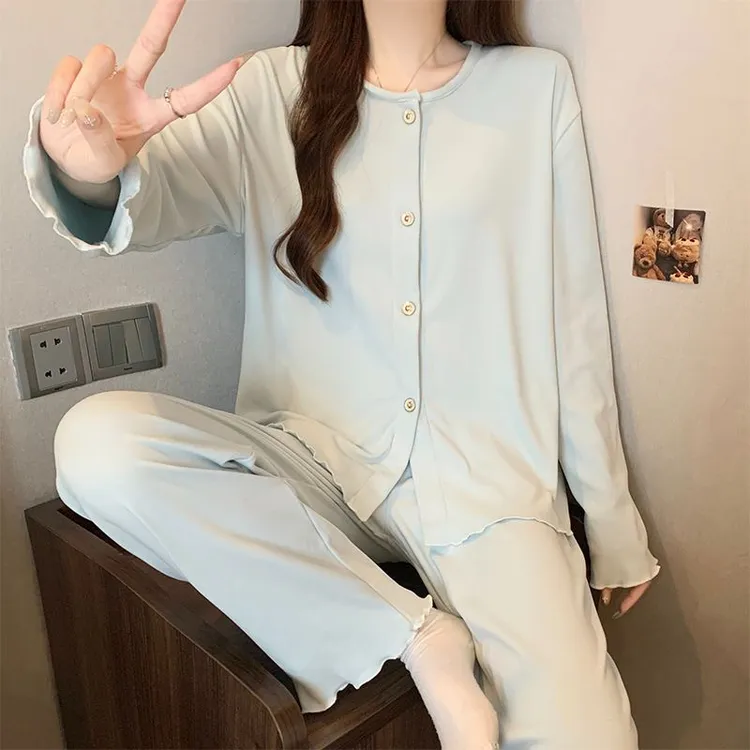 秋冬季新款睡衣网红女双面德绒长袖开衫圆领木耳边甜美家居服套装