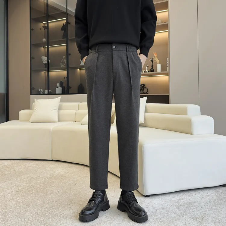 冬季厚款小直筒休闲毛呢九分裤男垂感磨毛呢子西裤男百搭休闲裤潮