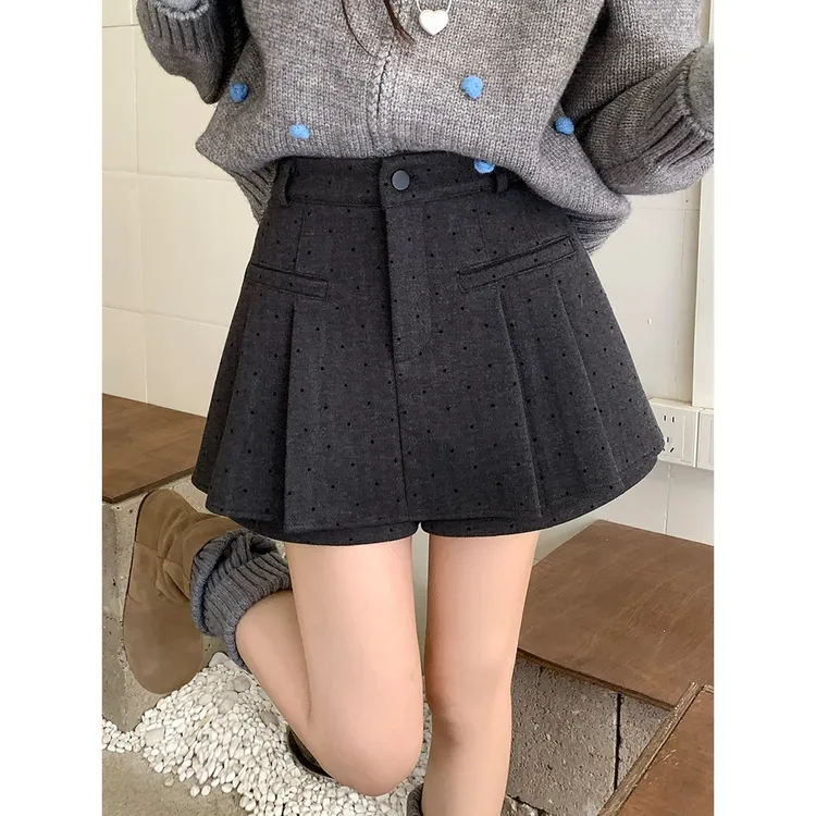 灰色miu系波点羊毛呢半身裙女秋冬新款胖m高腰显瘦防走光百褶短裙