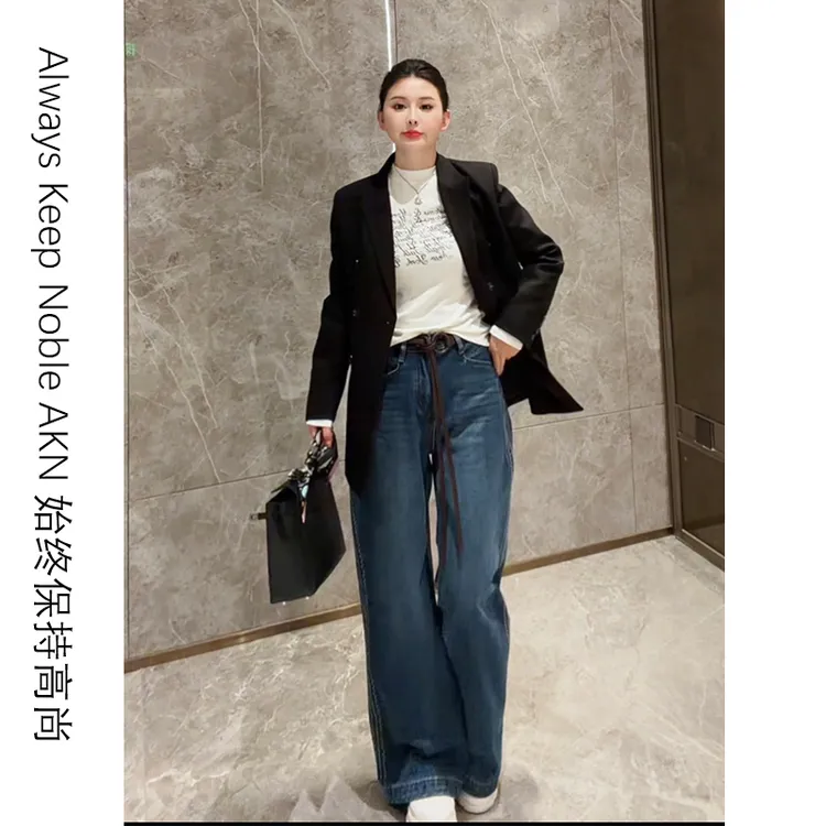 艾珂妮6009【刺绣抓毛直筒牛仔裤+皮带】休闲波浪线抓绒直筒牛仔裤