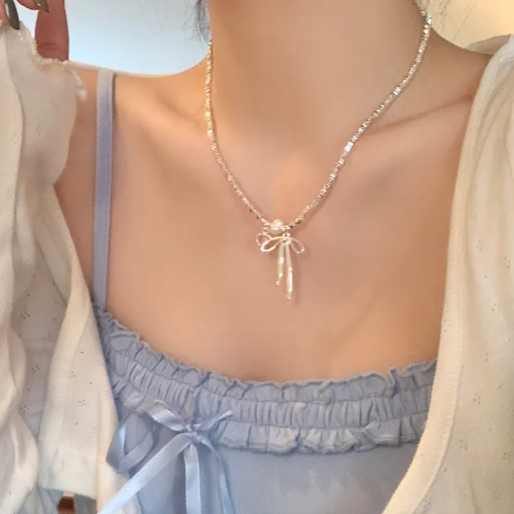 合金项链 蝴蝶结粉钻珍珠碎银子项链女高级感锁骨链轻奢小众颈链