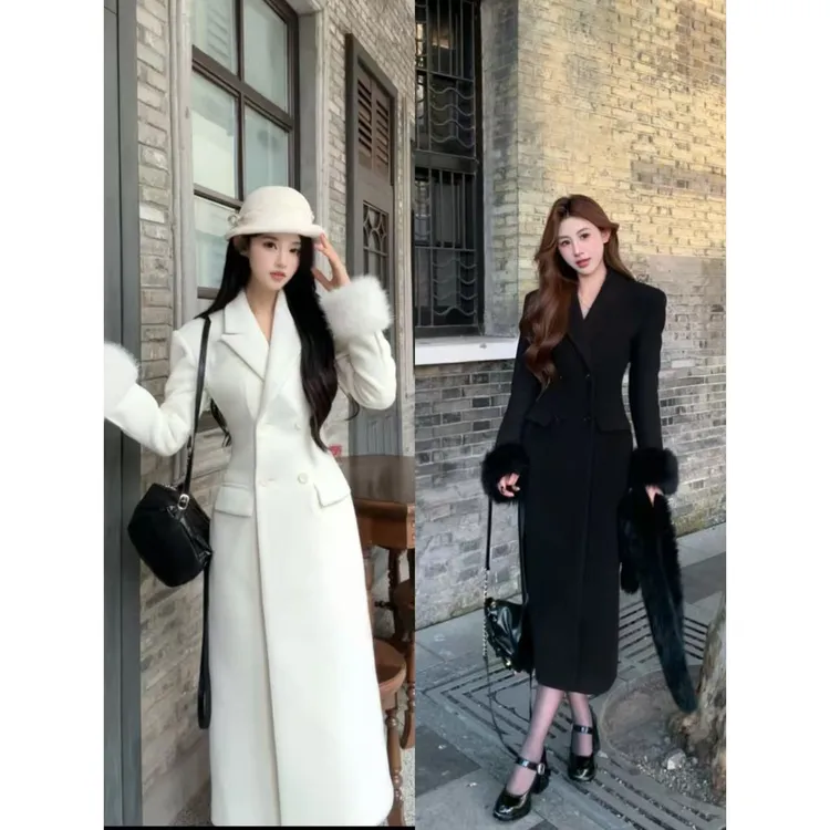 （大田小田）（法式千金）大码长款毛呢大衣+可拆卸毛袖68583