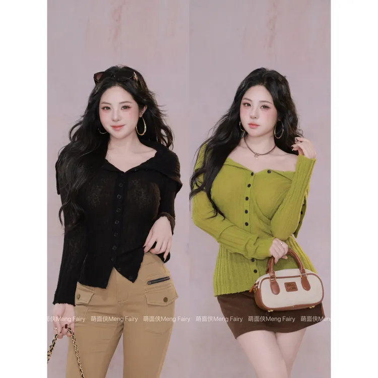 现货萌面侠【漫游基调】纯欲设计感羊毛混纺修身多穿毛织上衣6477