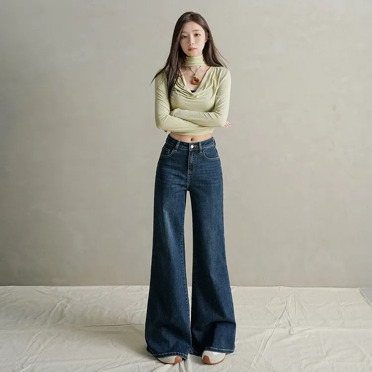 秋冬2025新款深蓝丹宁蓝直筒微喇牛仔裤女秋小个子弹力阔腿拖地裤