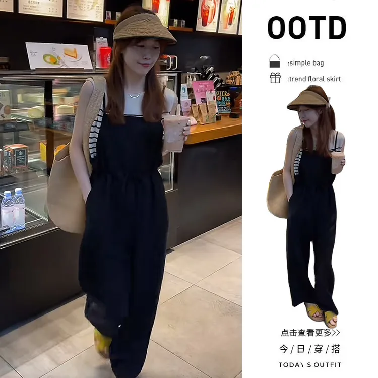 初夏穿搭一整套2025新款韩版条纹无袖T恤百搭休闲背带裤两件套女