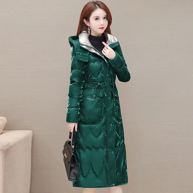 时尚亮面免洗白鸭绒羽绒服女秋冬2025新款冬季中长款加厚保暖外套