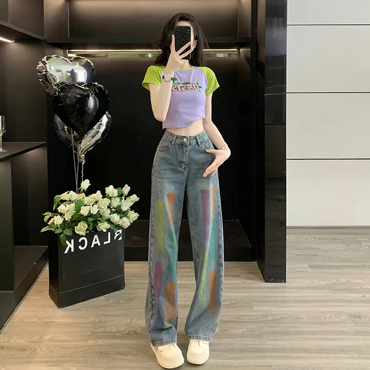 夏秋新款时尚休闲多巴胺减龄套装女短袖高腰阔腿牛仔长裤两件套潮