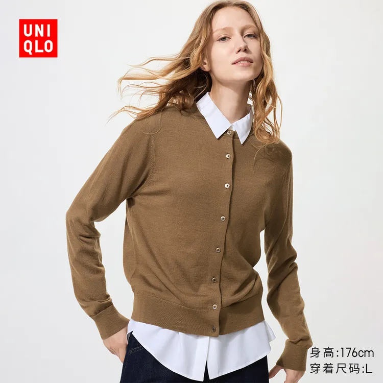 优衣库女装精纺美利奴羊毛圆领针织开衫/长袖通勤478331