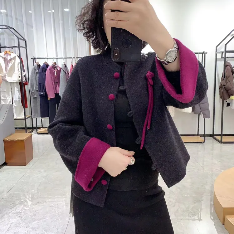 撞色短款双面大衣d501