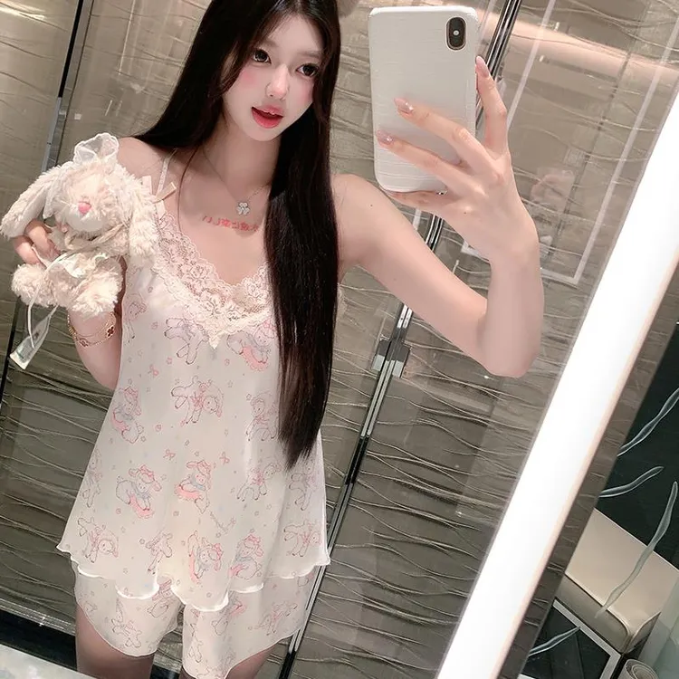 GPSUNLU蕾丝碎花冰丝显瘦御姐睡衣女款夏季纯欲吊带睡裙居家服