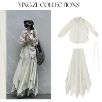  Ying-Zi【素纱】衬衫套装不规则下摆网纱拼接时尚松弛秋季