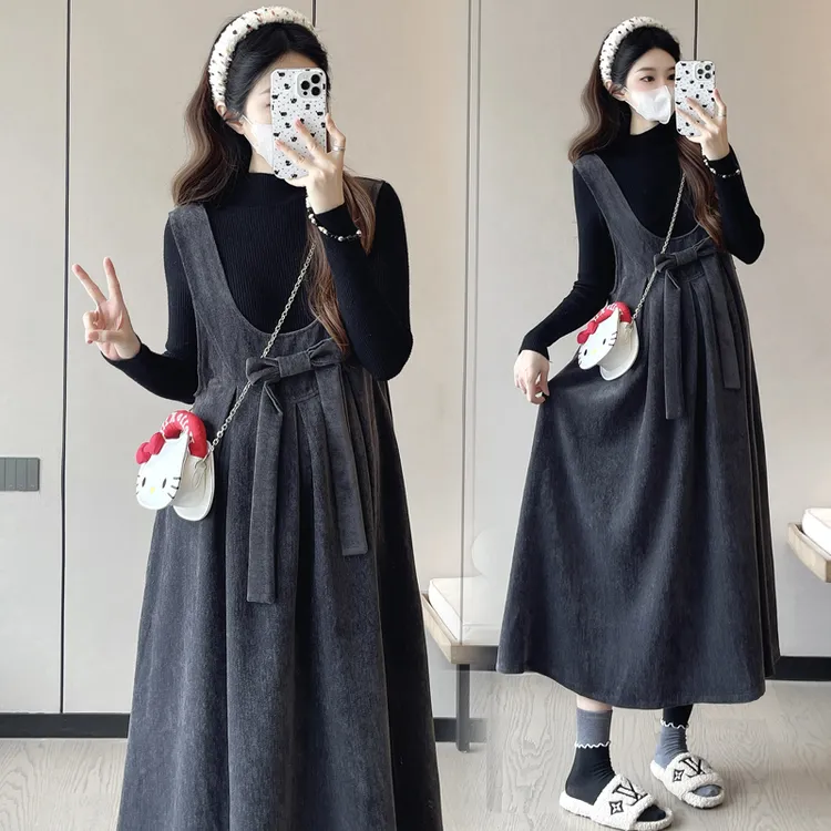 孕妇套装秋冬季新款韩风甜美蝴蝶结中长款大码背带裙毛衣孕妇装