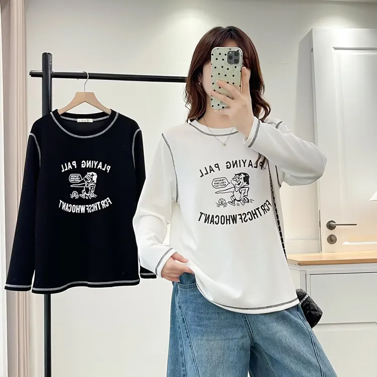 大码女装110-200斤秋装新款百搭明线设计卡通圆领长袖T恤打底衫