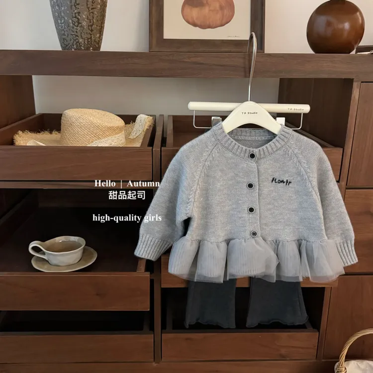 【甜品起司】甜系小仙女！韩系女宝宝花边毛衣针织开衫微喇裤套装潮