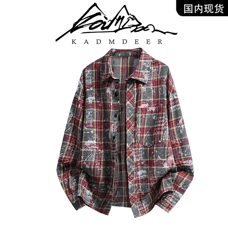 【品牌现货撤柜】KADM DEER 秋季新款复古扎染格纹痞帅衬衫潮流男士