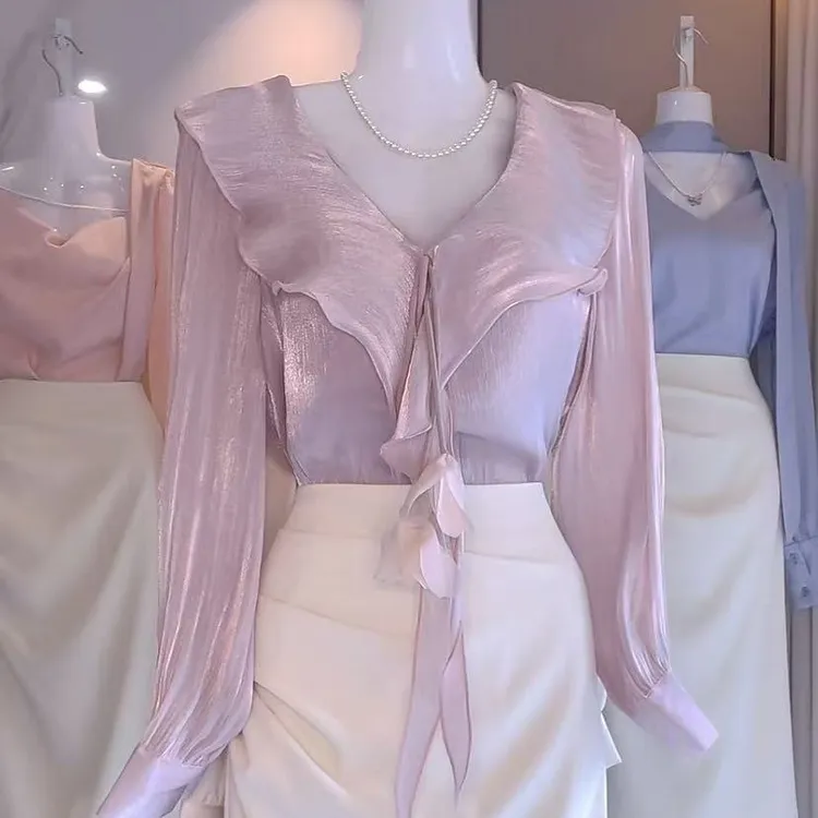 法式高级感荷叶边长袖大码衬衫女2025秋季新款宽松显瘦气质上衣女