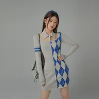 C004【金拐子专属】CHUU镂空露腰菱格学院风修身短款弹力连衣裙-F