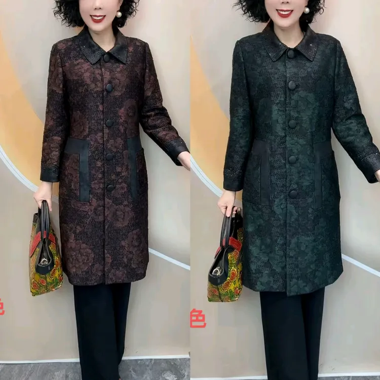 时尚显瘦长款方领提花加衬里宽松大码风衣外套春秋妈妈装（衣长100