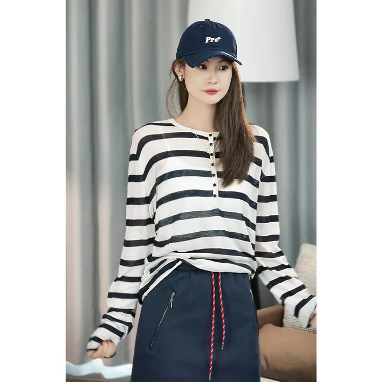 A美洋MEIYANG 双巧圈套头针织 天丝亚麻_微透半排扣圆领长袖罩衫